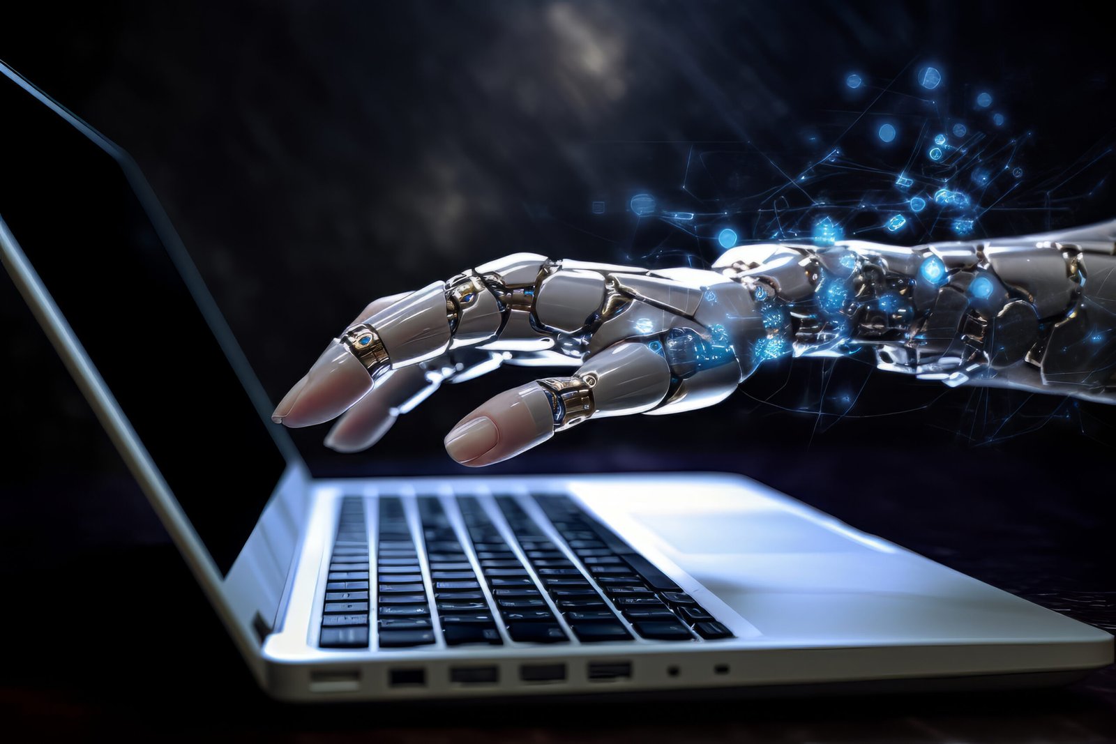 Mão robótica se transformando em mão humana em um computador